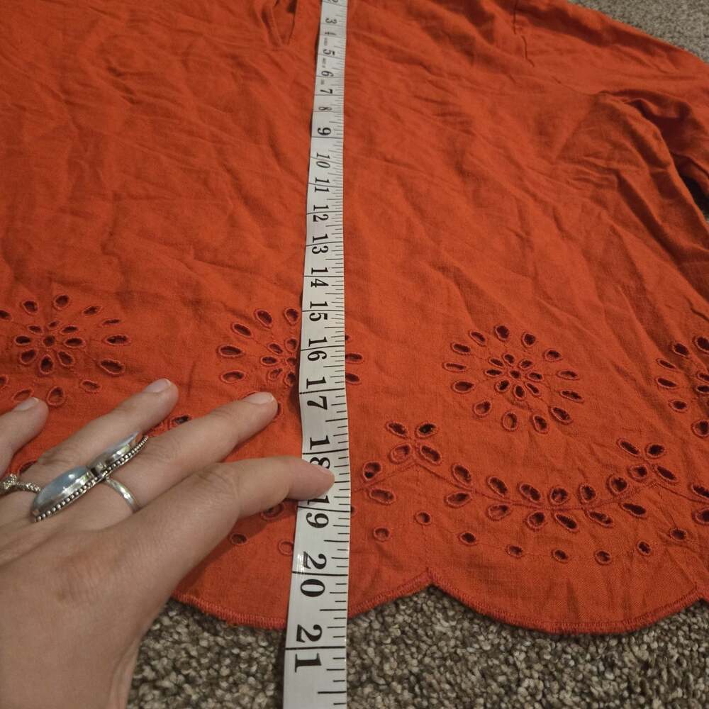LOFT Boho Red Orange Eyelet Embroidered Ruffle Cotton Linen Peasant Blouse M - Picture 7 of 8